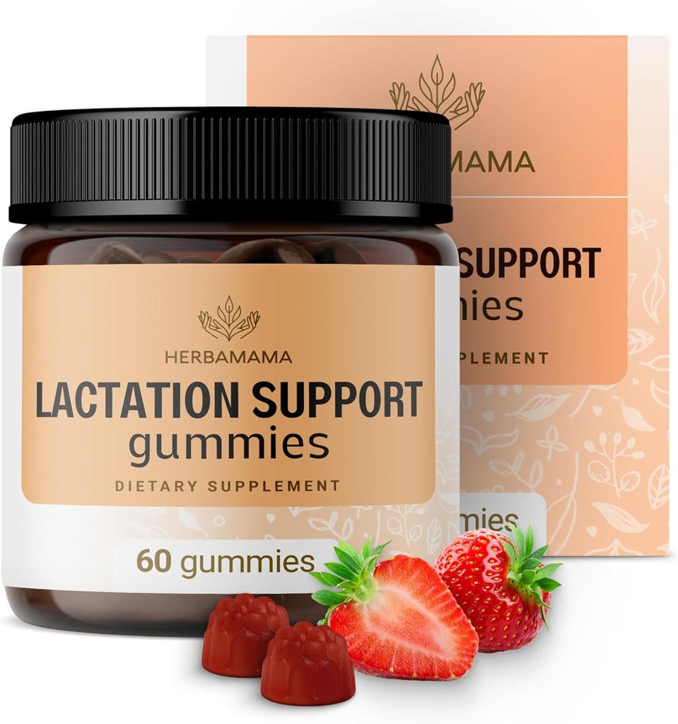 HERBAMAMA Kojení Support Gummies - Bylinné míchání pro matku prsu Milkflow Support - Vegan, Non- GMO Kojení doplněk pro ženy - 60 Pectin- based Strawberry- ochucené Chews