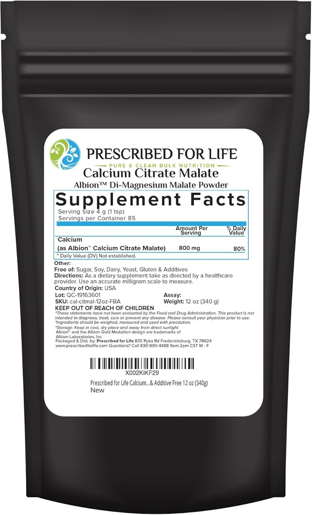 Předepsaný pro život vápník Citrát Malate, čistý vegan vápník prášek, snadné absorpční vzorec, non GMO, Filler & Additive Free (340g)