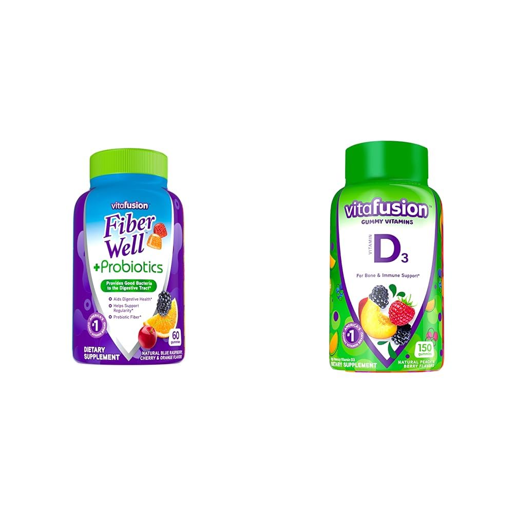 Vitafuze Fiber Well + Probiotika Gummies pro dospělé, 60 Počet vitamínů D3 Gummy Vitamíny, Peach, BlackBerry a Jahodové ochucené, 50 mcg Vitamin D, 150 Počet