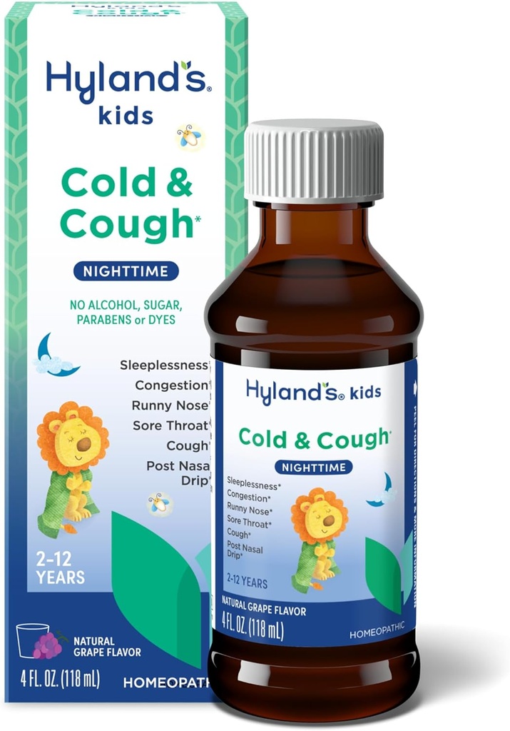 Hyland děti studená a kašel, noční zrno flavor kašel Sirup medicína pro děti věku 2 a až, Decongestant, Sore Throat a Sleeplless Relief of Common Cold Symptoms, 4 Fl Oz