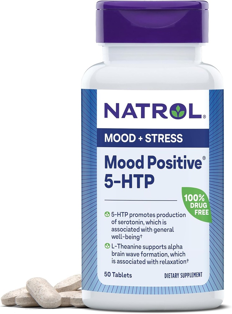 Natrol Mood Pozitivní 5-HTP a L-Theanine pro vyvážený nádech a relaxaci, 50 tablet, až 50 denní dodávky