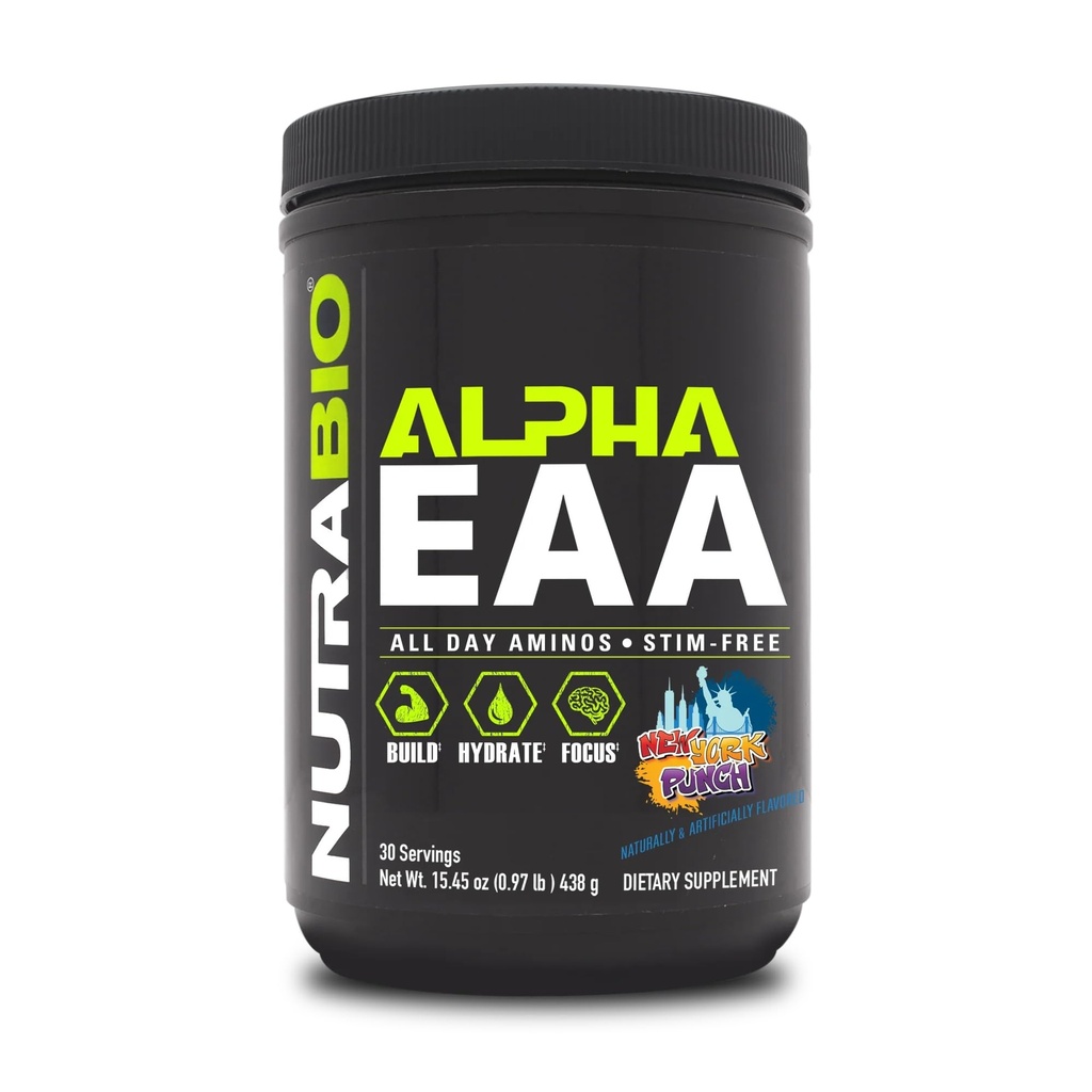 NutraBio Alpha EAA - All- Day Amino Acids for Muscle Growth and Hydration - Essential Amino Acids with Nootropics & Adaptogens- Full Spectrum EAA BCAA Powder - 30 Servings - New York Punch