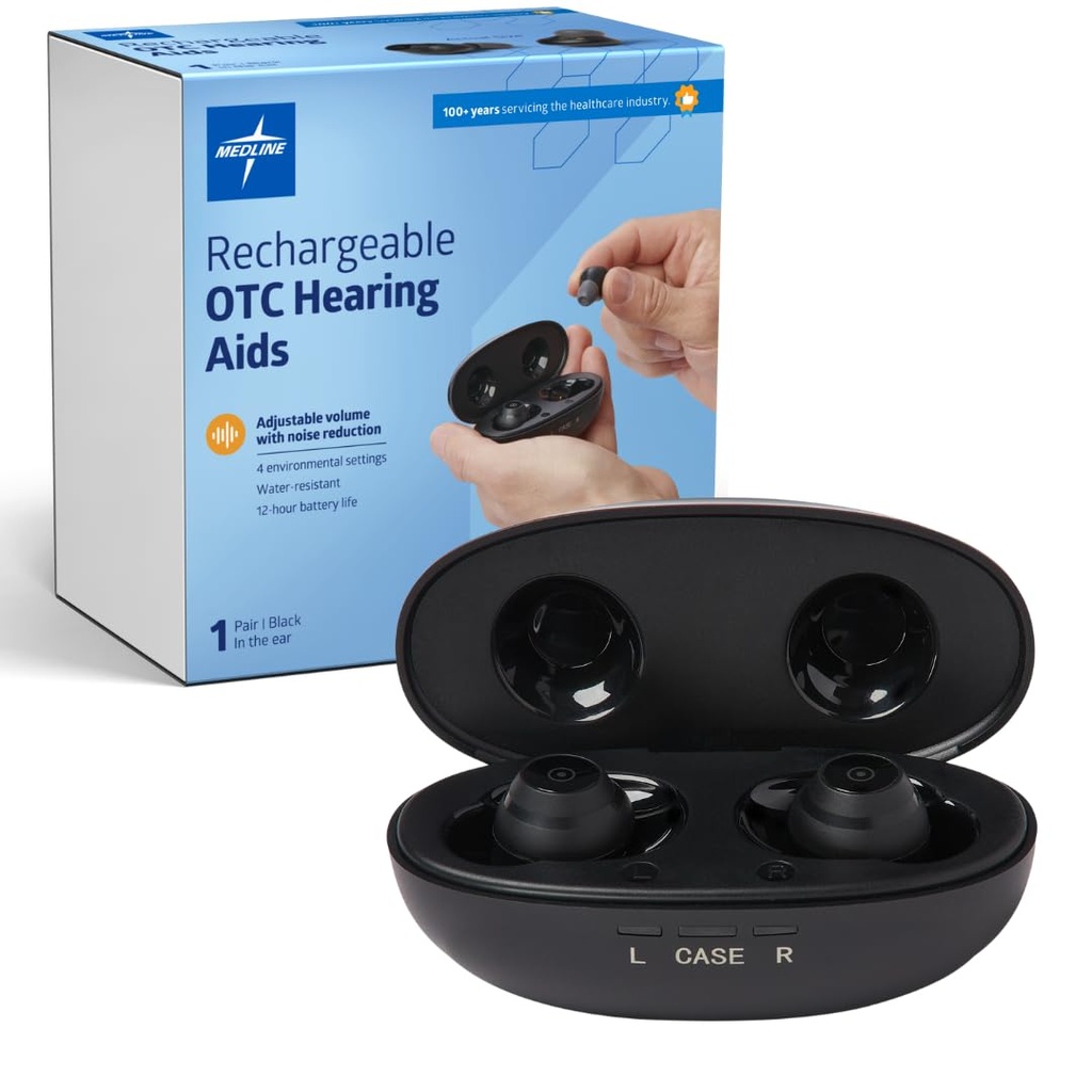 Medline Dobíjecí OTC naslouchací pomůcky, černé, in- The-Uar, 4 Environmental Settings, Water Residant, Nastavitelný objem, Mírné až střední ztráty sluchu, Snížení hluku, Sluchová pomůcka
