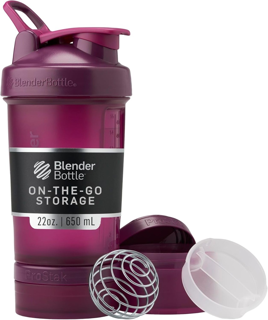 BlenderBottle Shaker Lahvička s pilulkovým organizátorem a úložištěm pro proteinový prášek, Classic V2 ProStak System, 22- Ounce, Plum