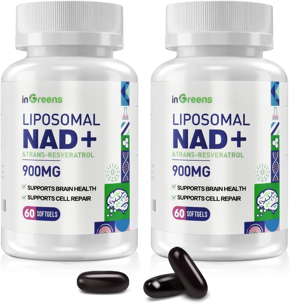 900 mg Lipozomální NAD + Doplněk k Trans Resveratrol 300 mg, Nahrazuje NMN, Superior Absorpce, True NAD Plus Dodatek pro opravy a posílení DNA NAD +, Stárnoucí obrana, Energie, 120 Softgels, 2 Pack