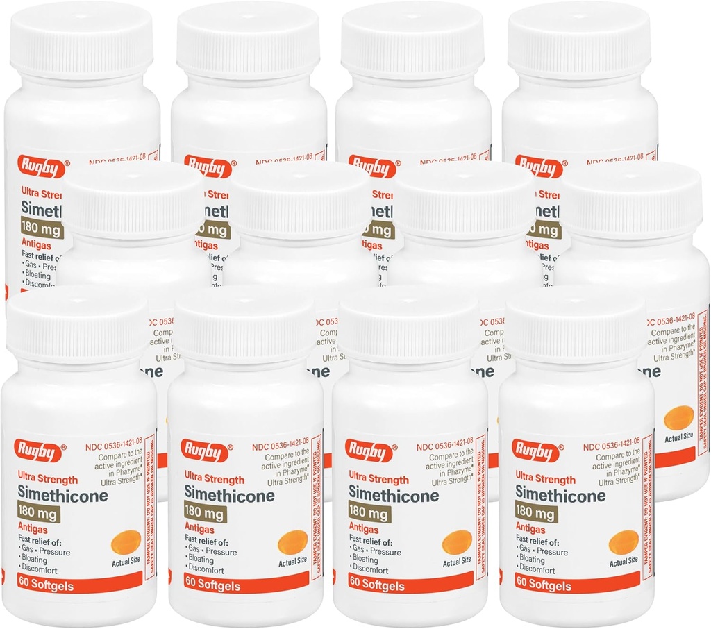 Rugby Ultra Strength Simethicone Gas Relief 180 mg - Maximum Gas Relief pro dospělé - Může pomoci s příznaky Flatulence, Nadýmání, Plynová Fullness - 60 Softgels (12 Pack)