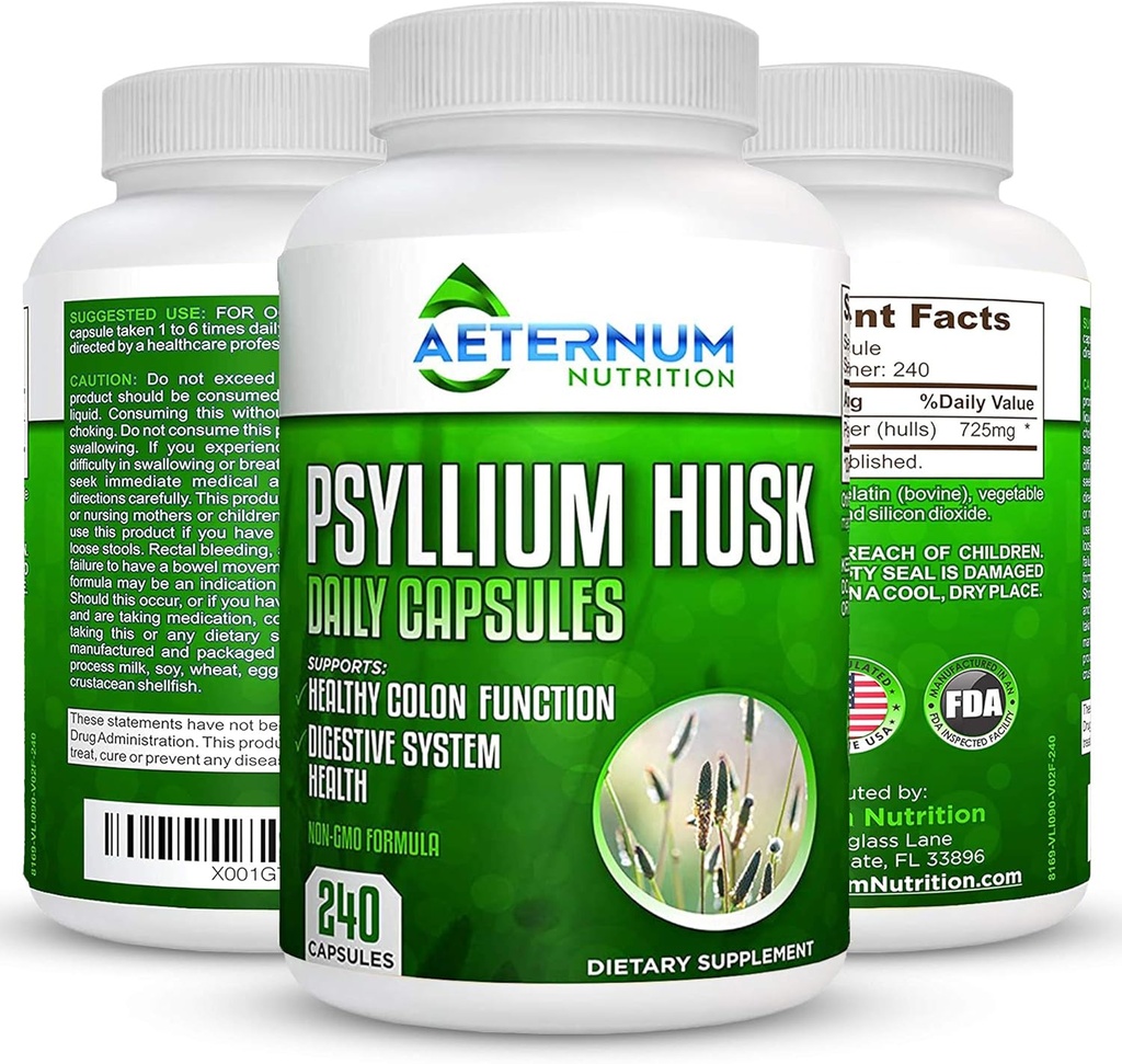 Aeternum Psylium Husk Caps USA Made - Premium všechny přírodní Vláknité doplňky - 240 Husk Powder Kapsle 725 Mg per Serving, Podporuje zdravý trávicí systém - Všechny přírodní 100% rozpustný
