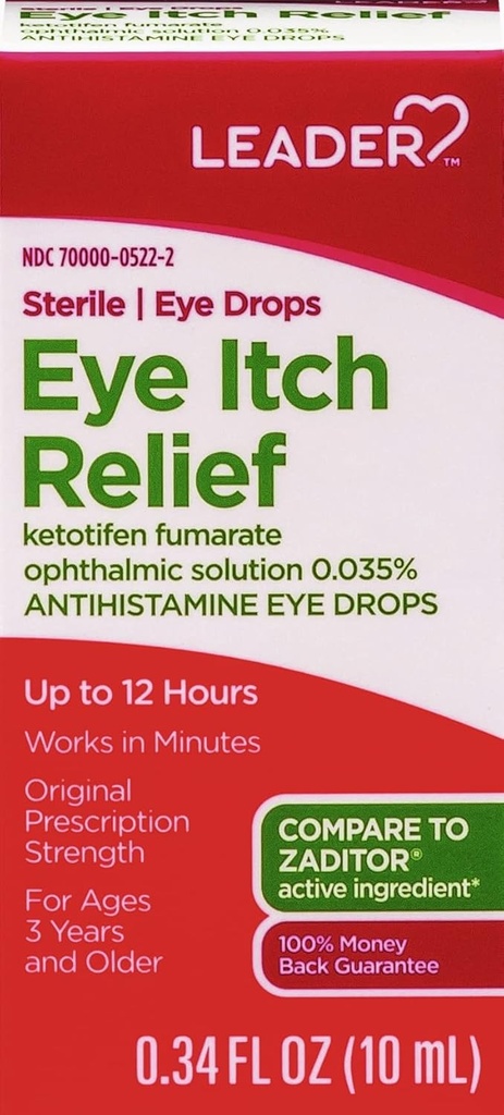LEADER Sterilní oční kapky pro oční alergie & Itch Relief, Ketotifen Antihistamin Solution 0.035%, Práce v minutách, až 12 hodin, Předpis síla 0.34 oz