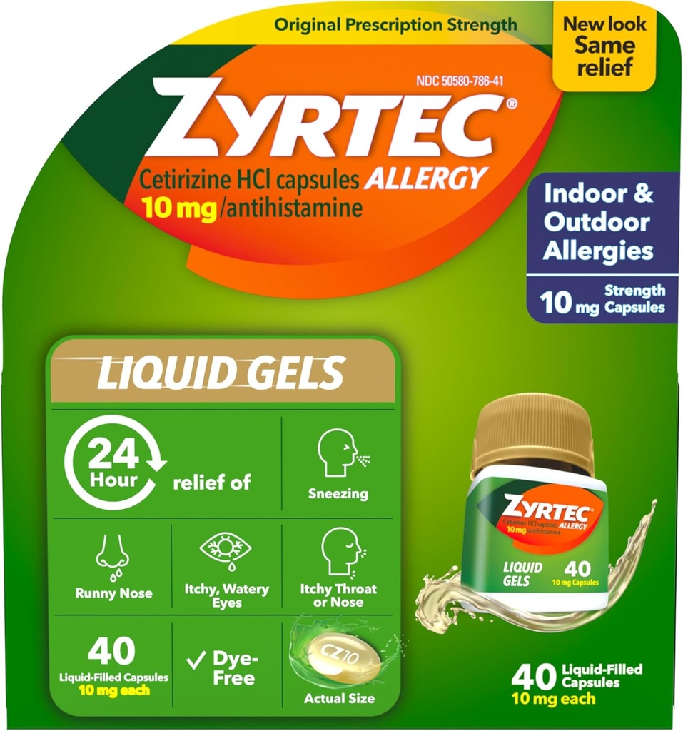 Zyrtec 24 hodinová alergie Relief Liquid Gels, Antihistaminika Kapsle s Cetirizin HCl Alergie Medicine pro All- Day Relief from Runny Nose, Nutzing, Itchy Eyes & More, 40 Počet