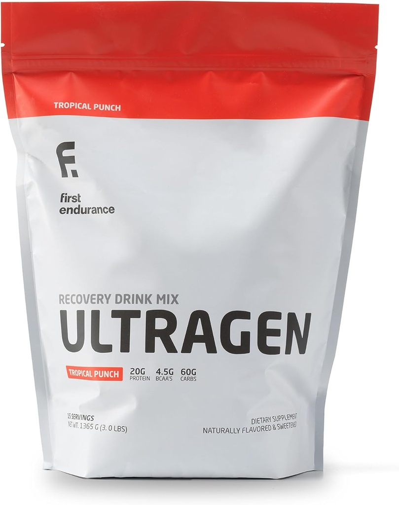 PRVNÍ ENDURANCE Ultragen Cvičení Recovery Drink Powder, Protein Mix, Zrychluje energii, Zrychluje obnovu 124; Tropický punč, 15 Služeb