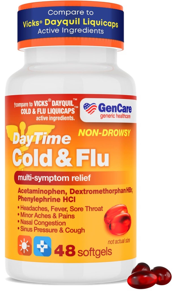 GenCare - Multisymptom Non Drowsy Daytime Cold & Flu Relief Acetaminophen 325mg, Dextromethorphan HBr 10mg, Fenylefrin HCl 5mg (48 Softgels) Non Habit Forming Pain Reliever & Nasal Decongestant