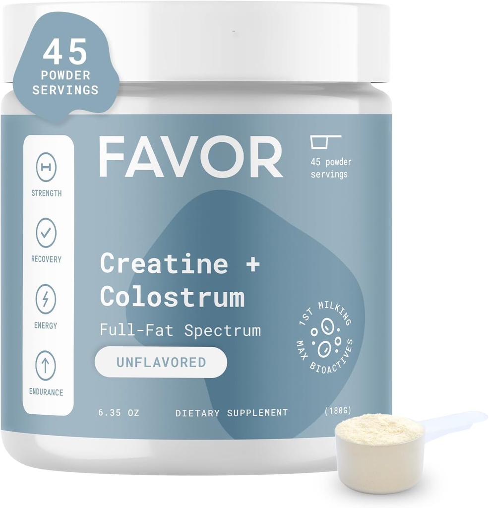 Favor Creatine a Bovine Colostrum Powder - Creatine Monohydrát Cow Colostrum dodatek, High Imunoglobulin IgG, Síla, Muscle Recovery a Gut zdraví pro muže a ženy, 45 Služeb, Neochucené
