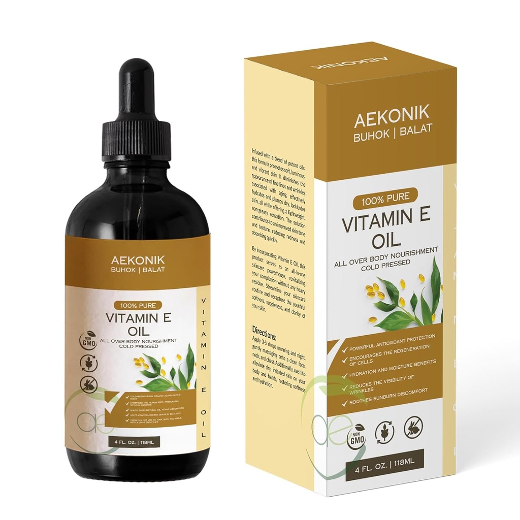 Organický vitamin E Oil - Esenciální čistý vitamin E olej pro péči o tělo a péči o pleť - 4-Oz Lahvička pro suchou pleť, vrásky, Stretch Marks, Akne & Anti- Aging