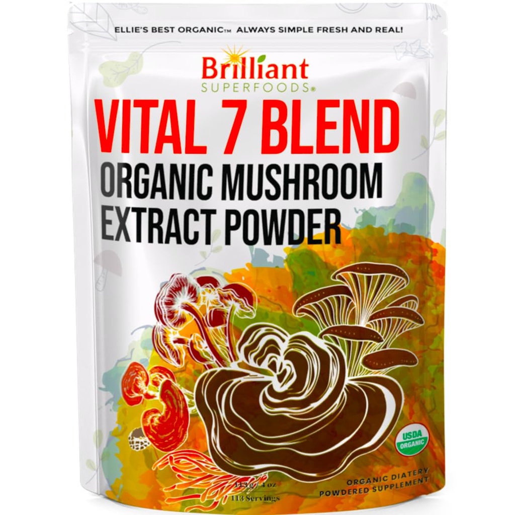 Ellie 's Best 7 Houba Powroom Extract Blend Dodatek Organic 114 Serving High Potency Double Extraded Cordyceps, Reishi, Turkey Tail, Chaga, Lion' s Mane - 4oz