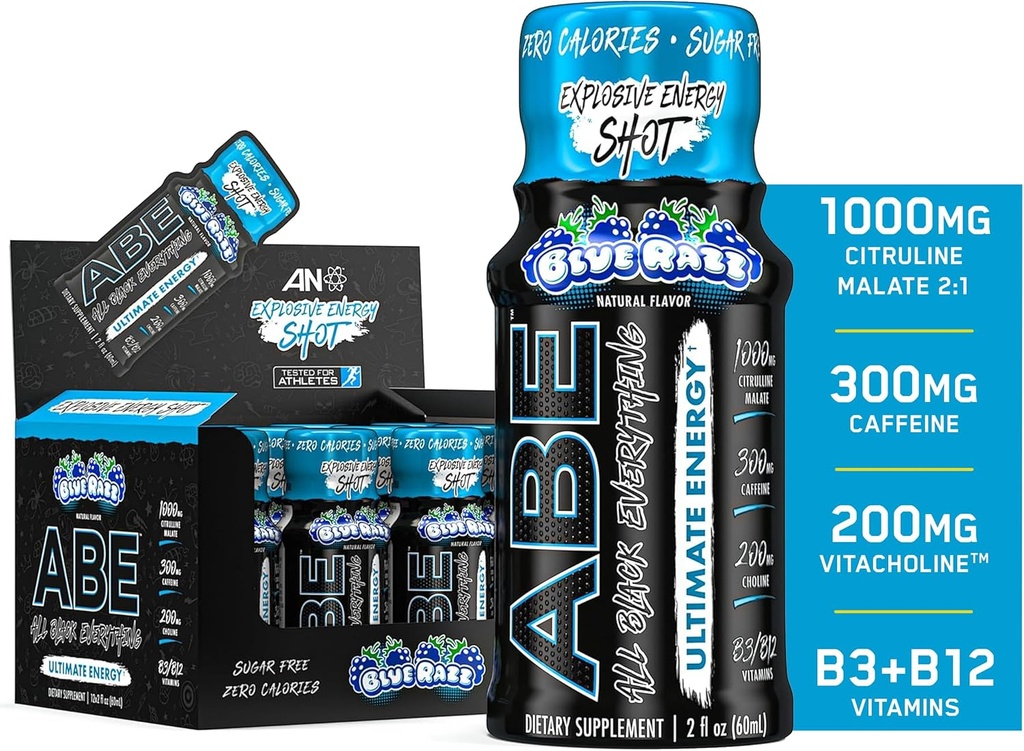 Všechny černé všechno energie střílí 124; 12 balení 124; 300mg kofeinu 124; Blue Razz 124; Nulový cukr 124; Energy Focus dodatek 124; Nootropní směs pro tělocvičnu nebo práci