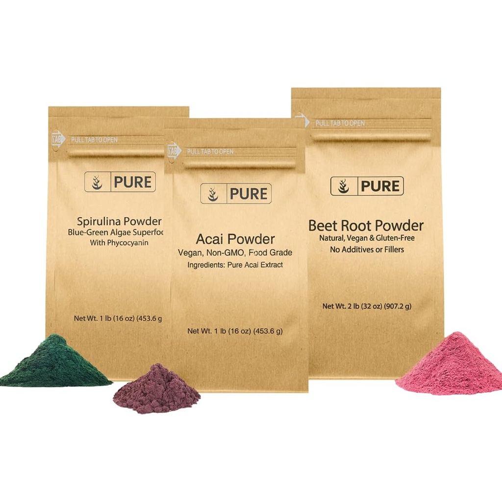 PURE Original INGREDIENTS Beet Root, Spirulina, a Acai Powder Bundle, Různé velikosti, Non GMO, Bylinné doplňky