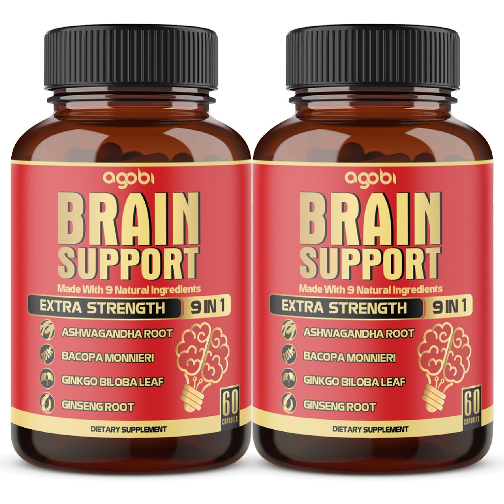 agobi 9in1 Brain Support Supplement - 2 Packs 60 Počítá smíchaný Ashwagandha, Panax Ginseng, Gotu Kola, Ginkgo, Black Pepper & More - Přesnost, zaměření, paměť a energetická podpora