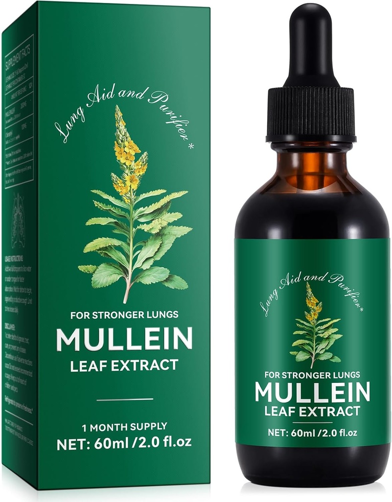Generický Mullein Leaf Extract - Lung Aid & Purifier - Respirační podpora & Gentle Lung Cleanse - Zdravé dýchání - Přírodní a bezpečné - Rychlá absorpce - Vegetarián - 60ml, 1 měsíc Dodávka