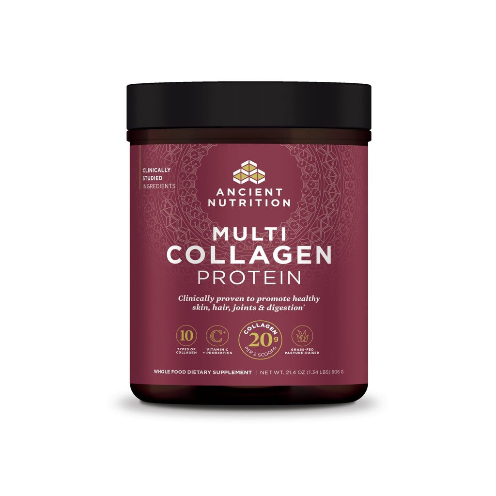 Starověká výživa Kolagen Peptidy Prášek, Multi kolagen Protein, Ženy & Muži, Vitamin C, Probiotika, Hydrolyzované kolagen, Podporuje pleť, Sponky, Gut zdraví, Neochucené, 60 Služeb