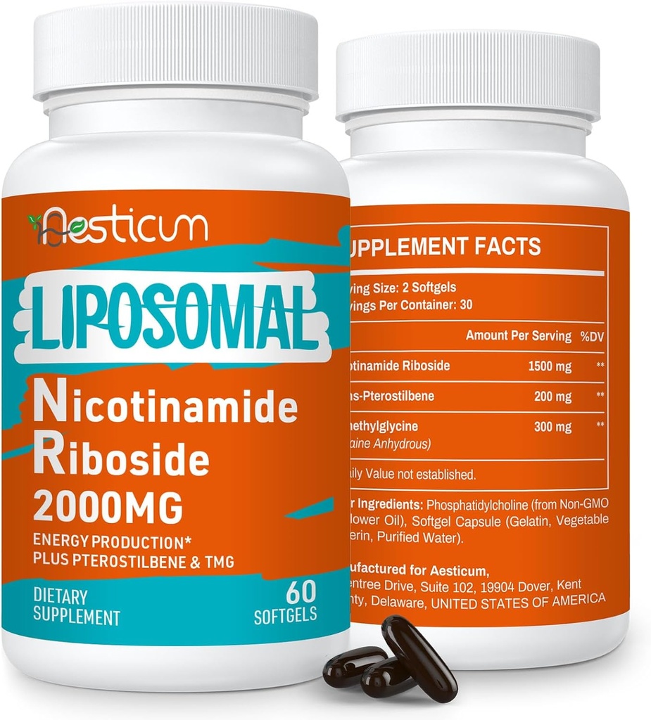 2000 MG Lipozomální Nikotinamid Riboside dodatek s TMG & Pterostilbene, vysoká biologická dostupnost NAD + zvýšení doplněk, Superior Niacinamid pro energii, imunita, věková odolnost, 120 Softgels