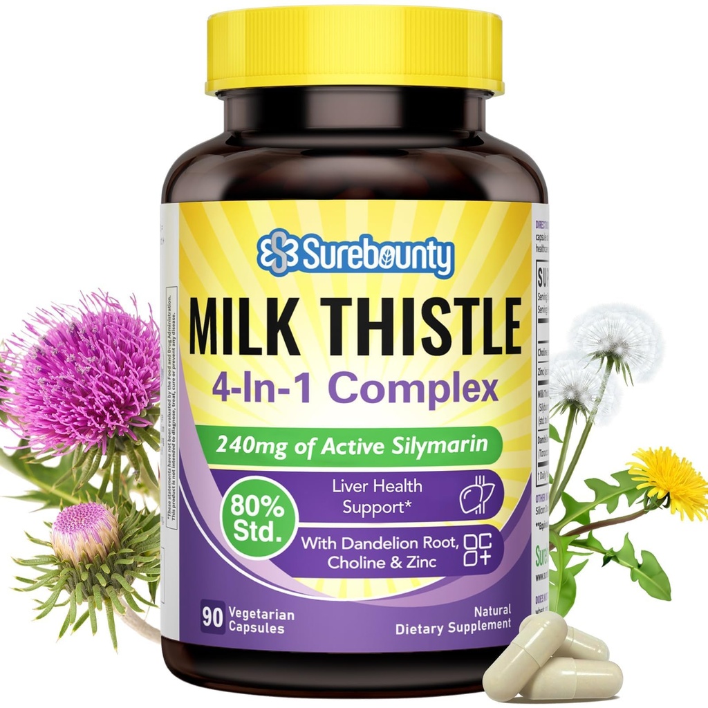 4- in-1 Mléčný thistle komplex pro muže a ženy, Mléčný thistle extrakt s 240mg aktivního silymarin, 80% Std, s Dandelion, Cholin, zinek, jaterní detox & opravy, Non- GMO, jednou denně, 90 Veggie Caps