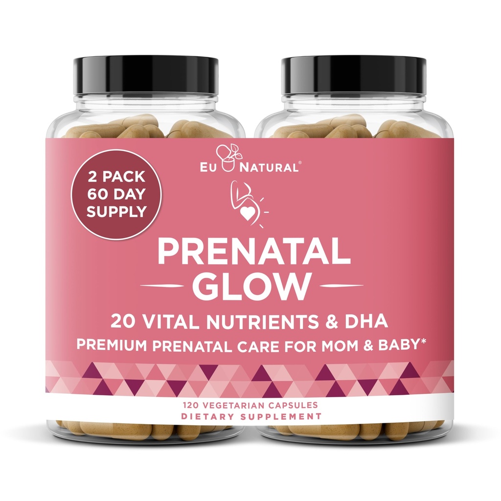 Glow Prenatal Vitaminy pro ženy - 20- in-1 Vitální živiny pro zdravé těhotenství a vývoj plodu - kyselina listová & Vegan DHA pro dítě růst & Pohodlné těhotenství - 120 Nournishing Kapsle
