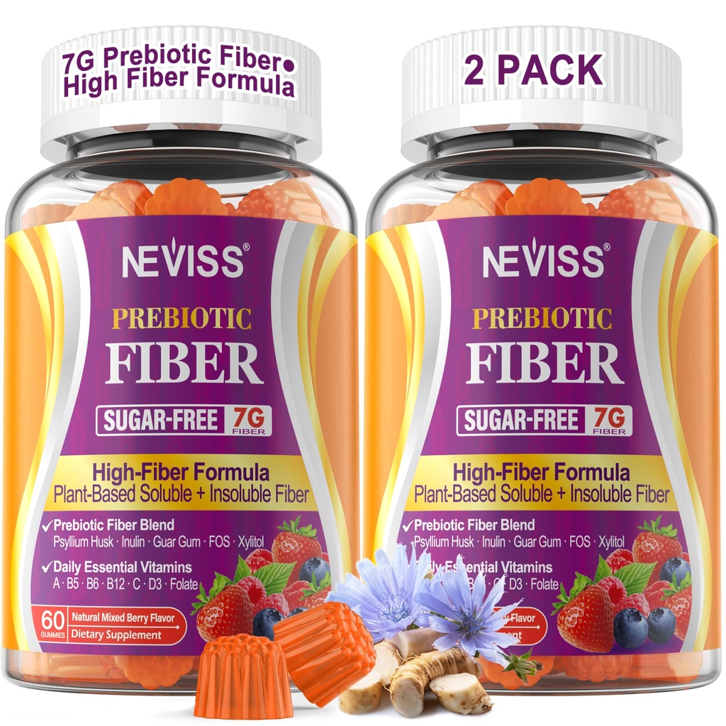 Fiber Gummies pro dospělé s Psyllium Husk, 7G (rozpustný + nerozpustný) Denní Prebiotická Vlákna s inulinem, FOS, Guar Gum, Multivitamíny pro denní stravitelné zdraví, Regularity Support, Cukr zdarma, Balení 2