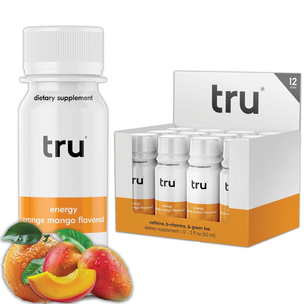 Tru Energy Shot, Extra Energy Drink s přírodním kofeinem, Zelený čaj, B Vitamíny B3, B6 & Vitamin B12, Nulový cukr a kalorie, Keto, Vegan, Gluten Free, Orange Mango, 2 FL OZ láhve, 12 Pack