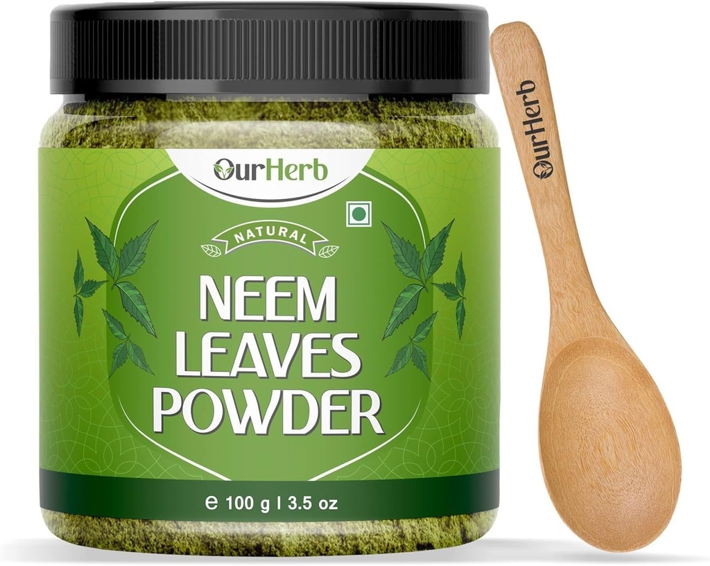 Neem Leaves Powder Natural Solution for Pimple- Free Clear Skin & Silky Hair, Ideální pro Face Packs, Péče o vlasy, a pigmentace podpora s dřevěnou spoon - 100g Oz