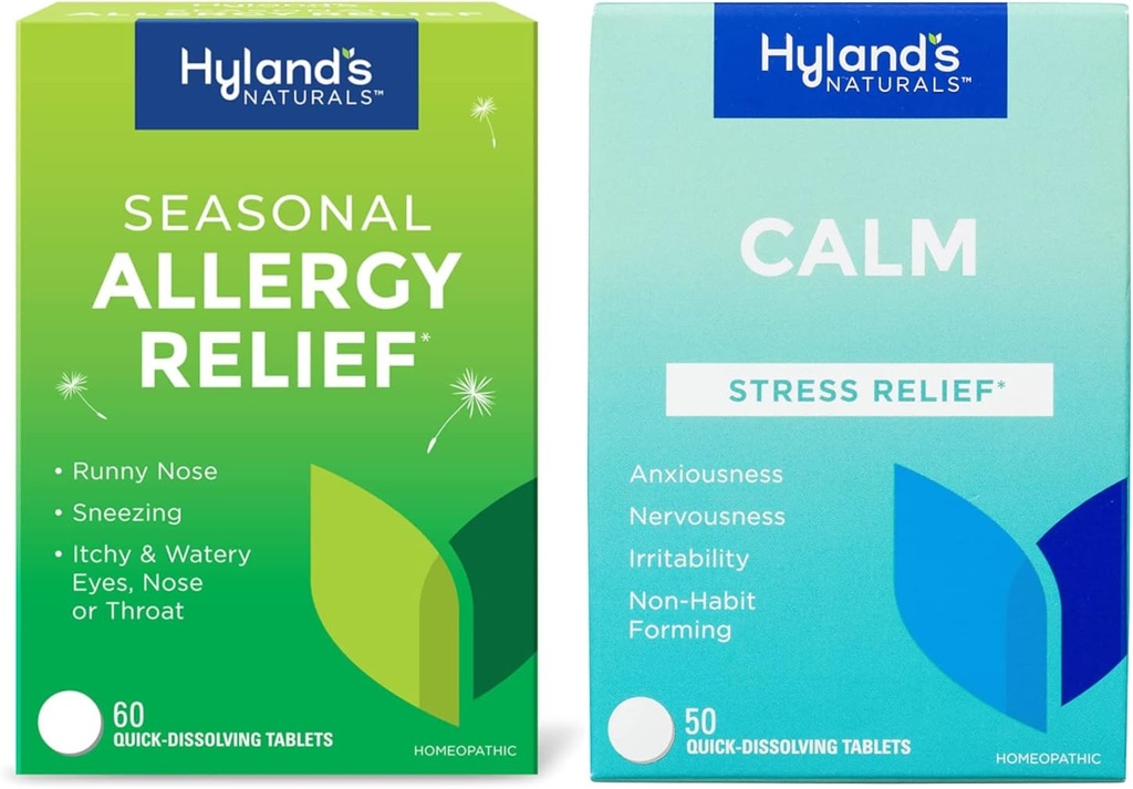 Bundle Hyland je vnitřní a venkovní, Non Drowsy Sezónní Alergie Relief pilulky 60 CT a klidné tablety, přírodní úleva úzkosti, nervozita, Stress, a podrážděnost 50 CT
