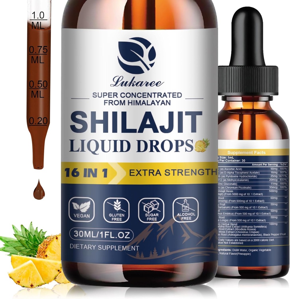 16 in 1 Shilajit Resin Liquid Drop, Shilajit W / Ginseng, Turmeric, Rhodiola, Wolfberry, Amla & Vitamins, Shilajit dodatek pro muže a ženy s 85 + Stopové minerály a Fulvic Acid, 1 Fl Oz