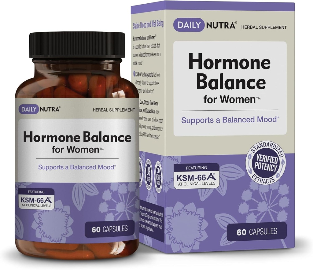 Hormon Balance - Dámské Serotoninový dodatek - KSM- 66 Ashwagandha, Dong Quai, Chaste Tree Berry, Rhoddiola, & Cocoa Bean Extracts - pro ženy Hormony, PMS, Menopauza (60 Kapsle)