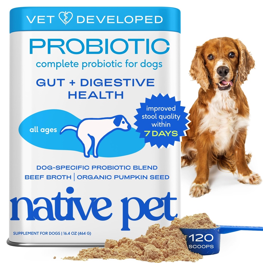 Native Pet Probiotika pro psy - Psí Probiotika Prášek pro stravitelné zdraví, Gut Support, & Imunitní Boost - Vet- Vydávaný prášek pro maximální potenci s trávicími enzymy & Prebiotika - 120 Scoops