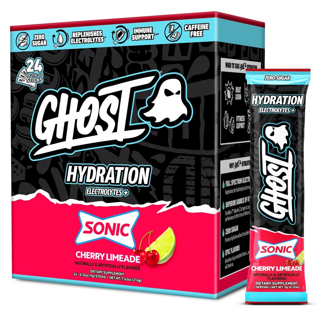 GHOST Hydratační balíčky, Sonic Cherry Limeade, 24 Sticks, Electrolyte Powder - Nápoj Mix s hořčík, draslík, vápník, vitamín C - Vegan Friendly, bez sóji, cukr a gluten