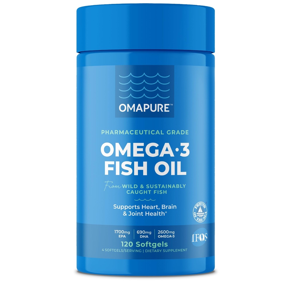 OMAPURE Rybí olej doplňky s Omega 3 mastné kyseliny (1 láhev, 120 Softgels) - High EPA, DHA, & IFOS Rybí olej pilulky Podpora srdce a společné zdraví - Bezproblémové rybí olej podporuje mozek funkce