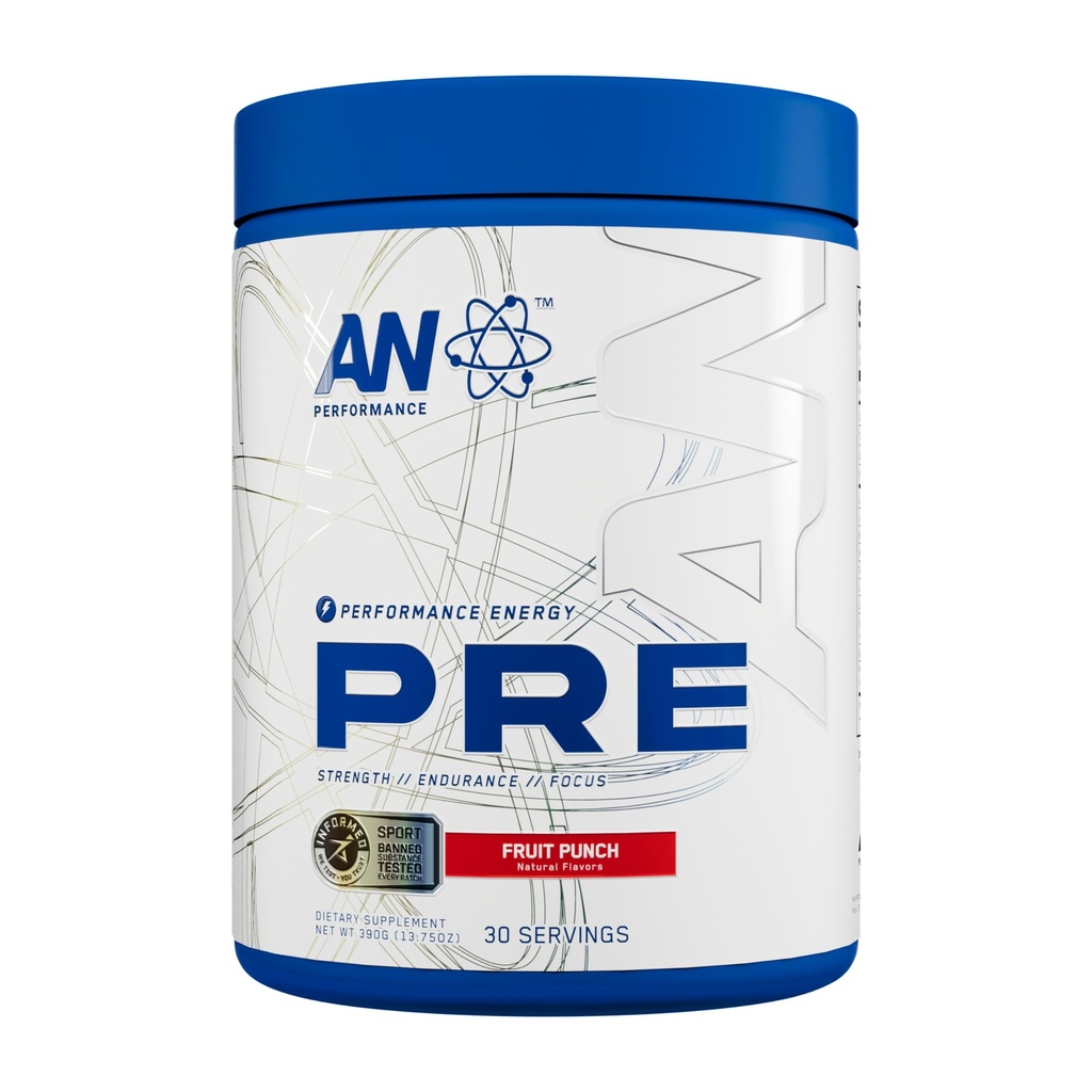 AN Performance Pre- Workout Příplatek pro muže a ženy 124; Energy Drink Mix s 300mg kofeinu + Beta Alanine + Citrulline 124; Third- Party Testováno 124; Ovoce Punch 124; 30 Služení