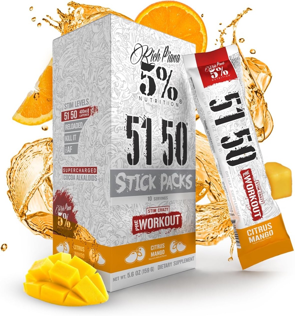 5% Nutrition Rich Piana 5150 High Stim Pre- Workout Powder Packets CU124; Extreme Energy, Focus, Pumps & Endurance CU124; 513 mg Caffeine Complex, Citruline, Beta Alanin, L-Tyrosin (Citrus Mango) (10 Počet)