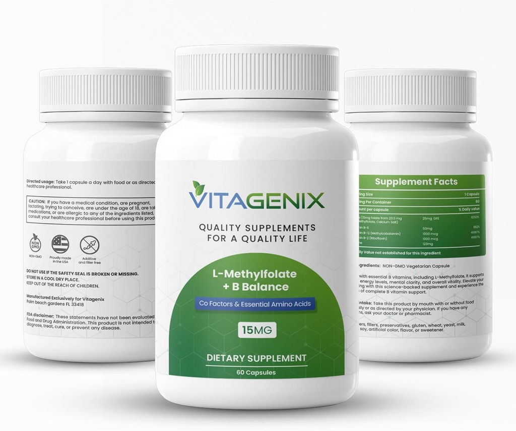 L- methylfolát + B Balance - Profesionální síla Bioactive 5- MTHF Form + B6, B2 & B12 Methylkobalamin B Complex - Podporuje mood, Methylation & Cognition - 15mg - 60 Kapsle
