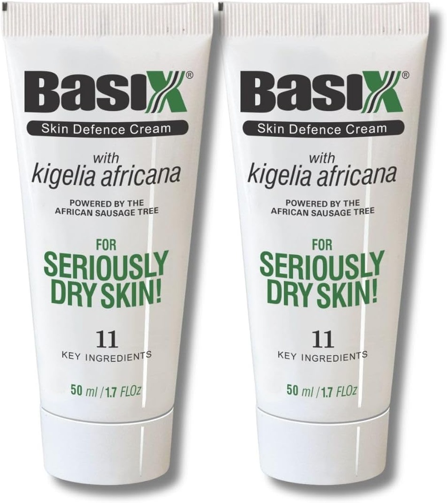 Basix Skin Defence Opravy krém (Twin Pack) Kigelia africká klobása Tree Soothes Eczema Psoriasis Dermatitis Acne přírodní složky pro suché ltchy kůže Lemon zázvor Plum Rosemary Vitamin E Rose Aloe