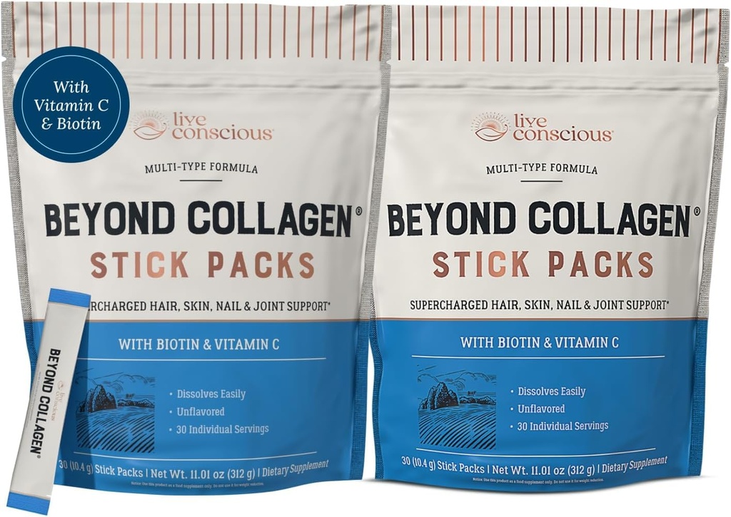 Live Conscious Beyond Collagen Peptides Powder Neochucené Packets- Hydrolyzované Kolagen Powder- Vlasy kůže nehty & Společné podpory - Multi typ kolagen doplňky pro ženy & Muži 30 Pack (2pk)