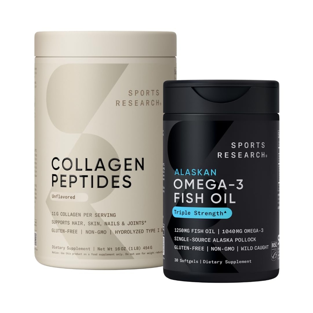 Sportovní výzkum Triple Strength Omega 3 Fish Oil 1250mg Bezproblémový dodatek s Omega3s EPA & DHA Non- GMO, gluten zdarma a kolagen Peptidy pro všechny pohlaví Hydrolyzovaný typ 1 & 3 prášek protein
