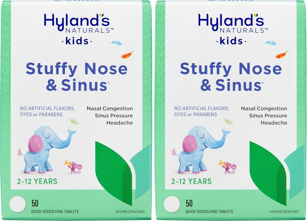 Hylandské Naturals Děti Stuffy Nose a Sinus Tablety, Studená a alergická medicína pro děti věku 2 a více, Bolest hlavy Relief a Nasal Decongestant, Rychlé rozpuštění tablety, 50 Počet (balení po 2)
