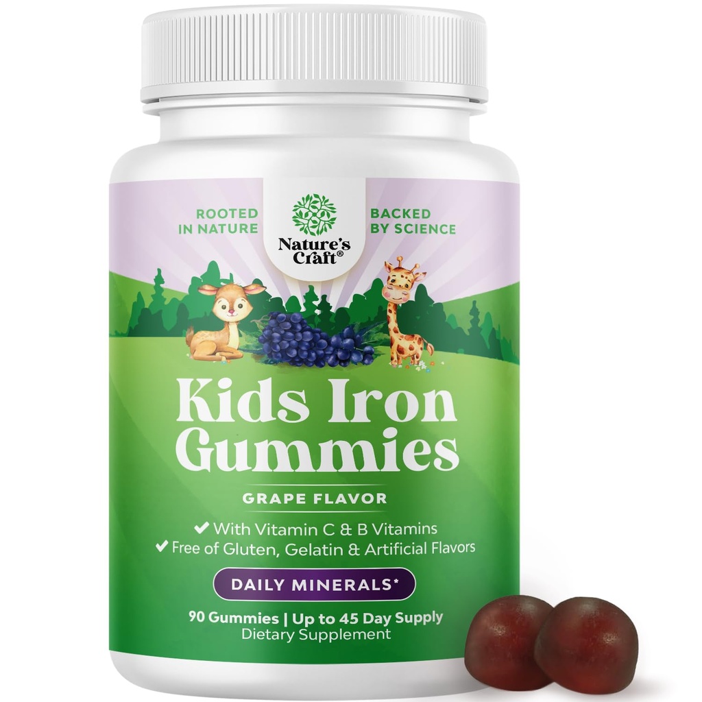 Kids Iron Gummies - Krevní stavitel Železné doplňky pro děti s jemnějším pro silnější imunitu a energii - Vitamin B12, Folát a vitamín C Gummies - Vegan GMO & Gluten Free for Toddlers - 90 Počet