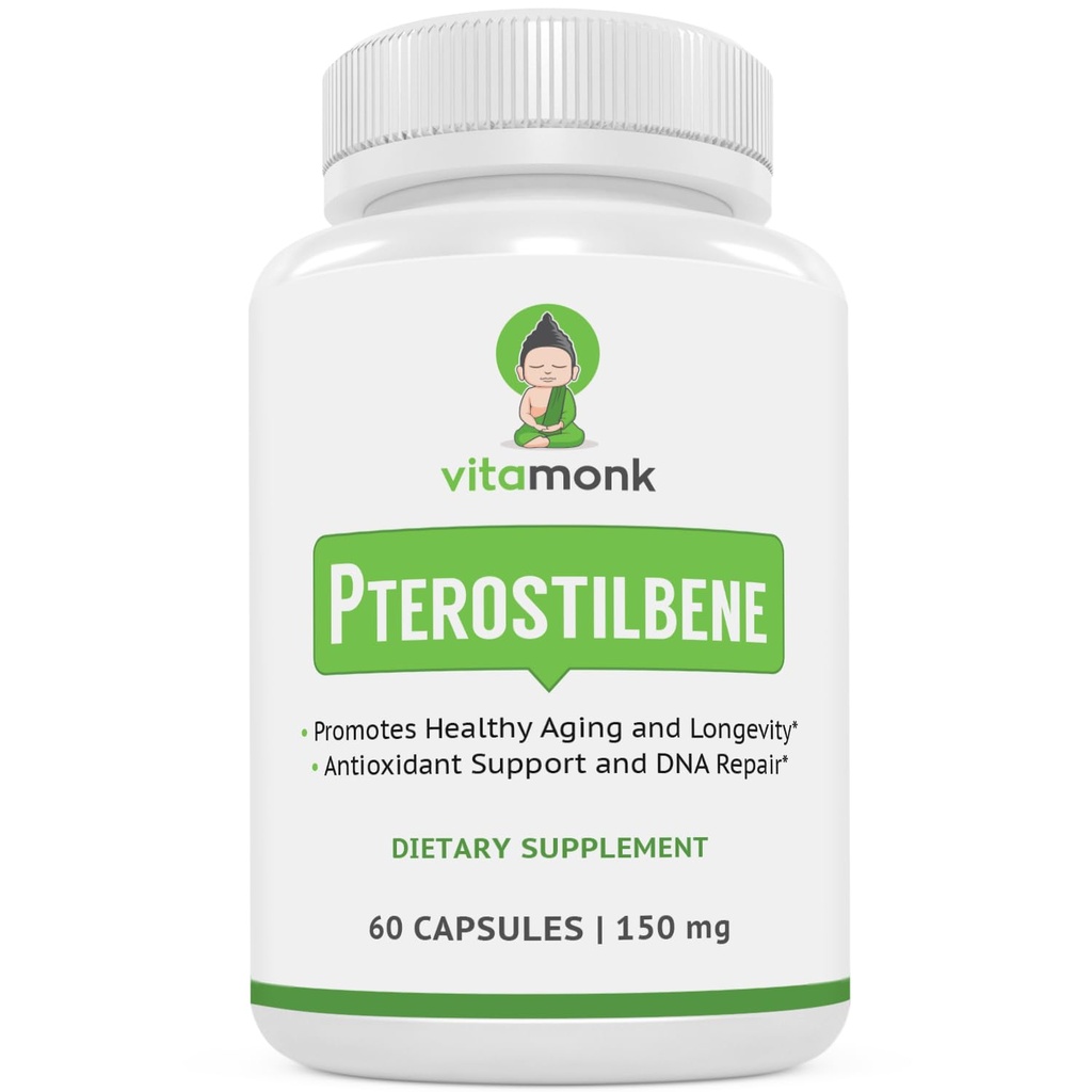 VitaMonk Pterostilbene 150mg Kapsle Žádné umělé plnidla - Soy Free Trans- Pterostilbene Dodatek, který podporuje zdravé stárnutí a dlouhověkost - 60 Veggie- Caps - Lepší Resveratrol