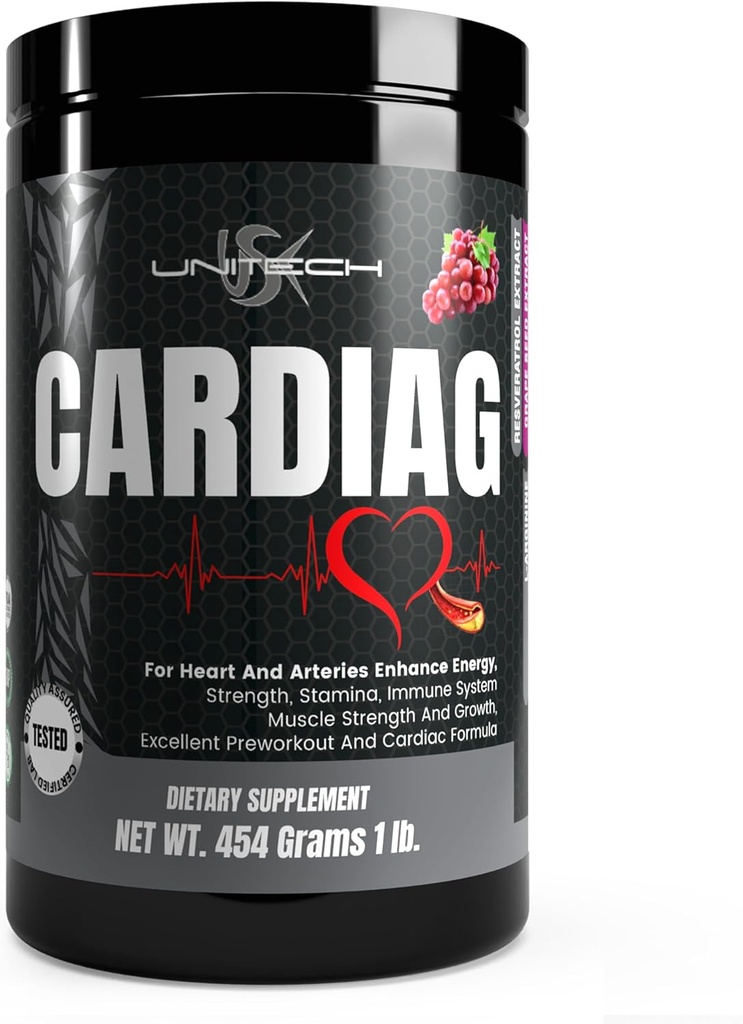 Unitech USK Cardiag Grape Powder 124; Přírodní dodatek s L- Arginin, L- Citrulin, Grape Seed Extract, Resveratrol, a Coenzym Q10 Amend124; Grape Flavor, 16 oz