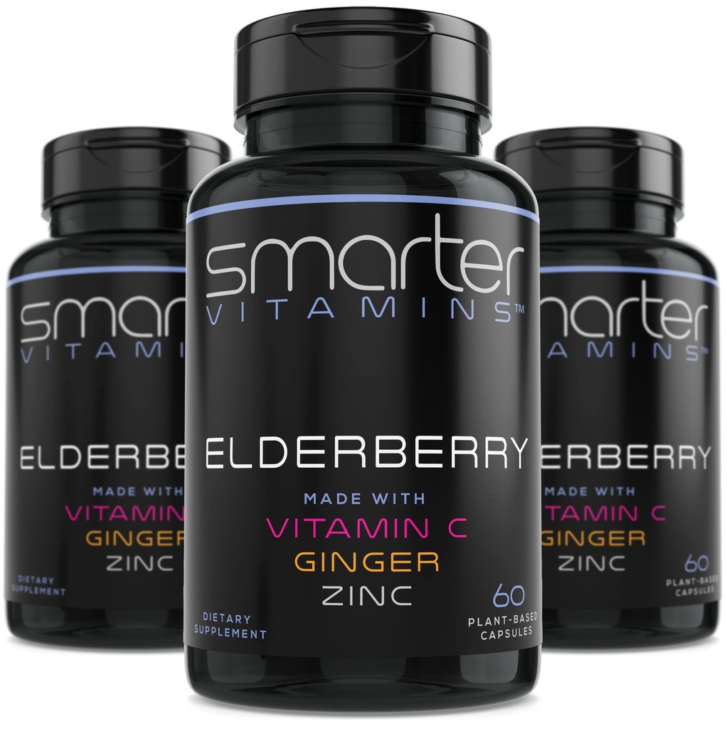 (3 Pack) Chytré Elderberry Kapsle + Vitamin C + Ginger & Zinek, Bylinný dodatek, Výkonný černý Starší Berry Extract Antioxidant Vitamin, 180 Vegan pilulky