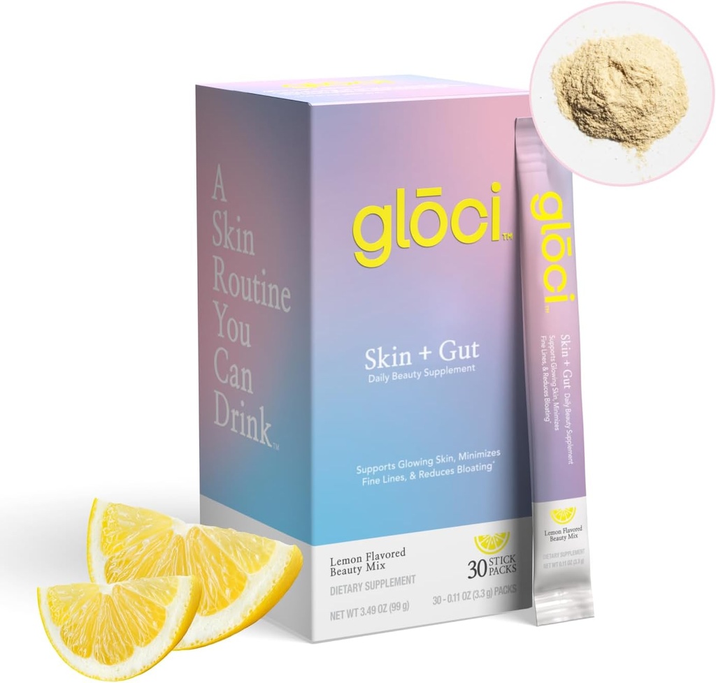 Gloci Skin + Gut - Probiotická DE111 - Hyaluronová kyselina, hořčík, vitamín C, zinek, kokosový vodní prášek - Klinicky studovaný Probiotický pro zářivou pleť, Gut zdraví, Hydratace - 30 Počet