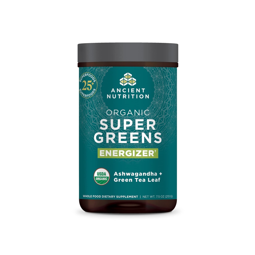 Starověké nutriční organické SuperGreens Energizer Powder with Probiotics and B12, Made from Real Fruits, Zelenina a Byliny, pro stravovací, detoxikační a energetická podpora, 25 Služeb