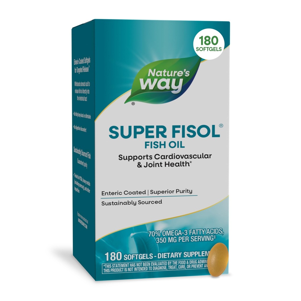 Nature 's Way Super Fisol Fish Oil, Enteric Coated, Podporuje kardiovaskulární a společné zdraví *, Mega potency Omega-3s, 180 Softgels (Balení květen Vary)