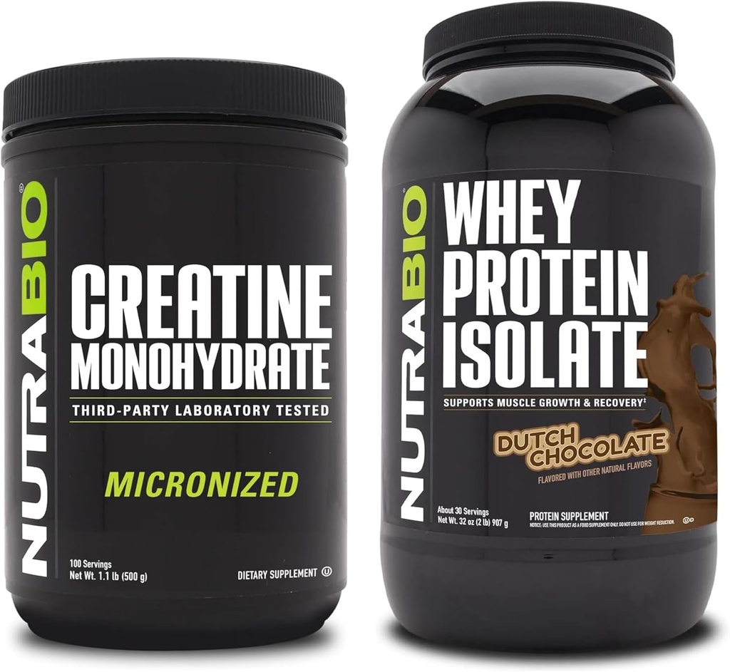 NutraBio Creatine Monohydrát, Neochucené, 500g a syrovátkové bílkoviny izolát, holandská čokoláda, dodatek Bundle - Svalová energie, Lean růst svalů, zotavení, a síla